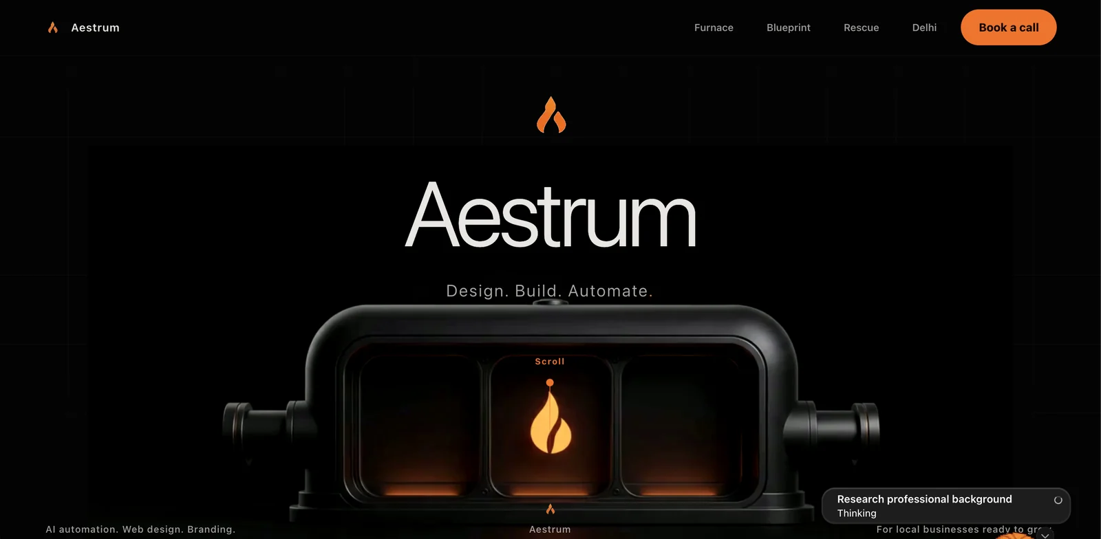 The Aestrum website showing its black and orange design system